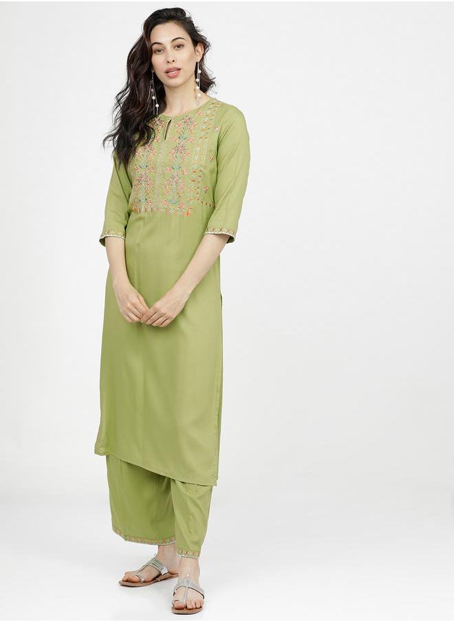 Vishudh Women Green Yoke Design Keyhole Neck Thread Work Kurta by Styli  - Image 1