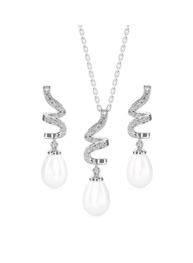 CLARA 925 Sterling Silver Pearl Twist Pendant Earring Chain Jewellery Set | Rhodium Plated, Swiss Zirconia | Gift for Women & Girls - Image 1
