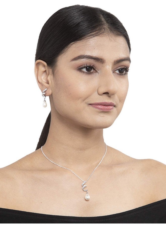 CLARA 925 Sterling Silver Pearl Twist Pendant Earring Chain Jewellery Set | Rhodium Plated, Swiss Zirconia | Gift for Women & Girls - Image 4