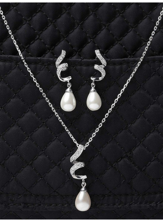 CLARA 925 Sterling Silver Pearl Twist Pendant Earring Chain Jewellery Set | Rhodium Plated, Swiss Zirconia | Gift for Women & Girls - Image 2