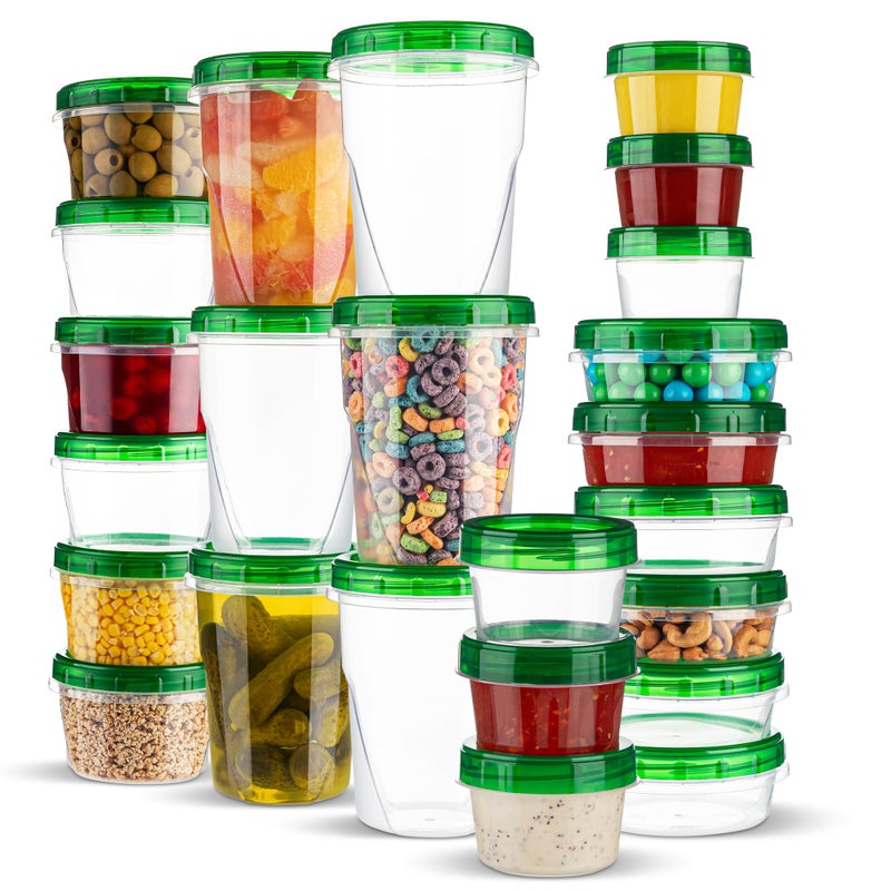 PLASTICPRO 24 Pack Twist Top Containers Assorted Sizes Plastic Food Storage Containers with Green Twist on Lids Stackable Reusable - Image 1