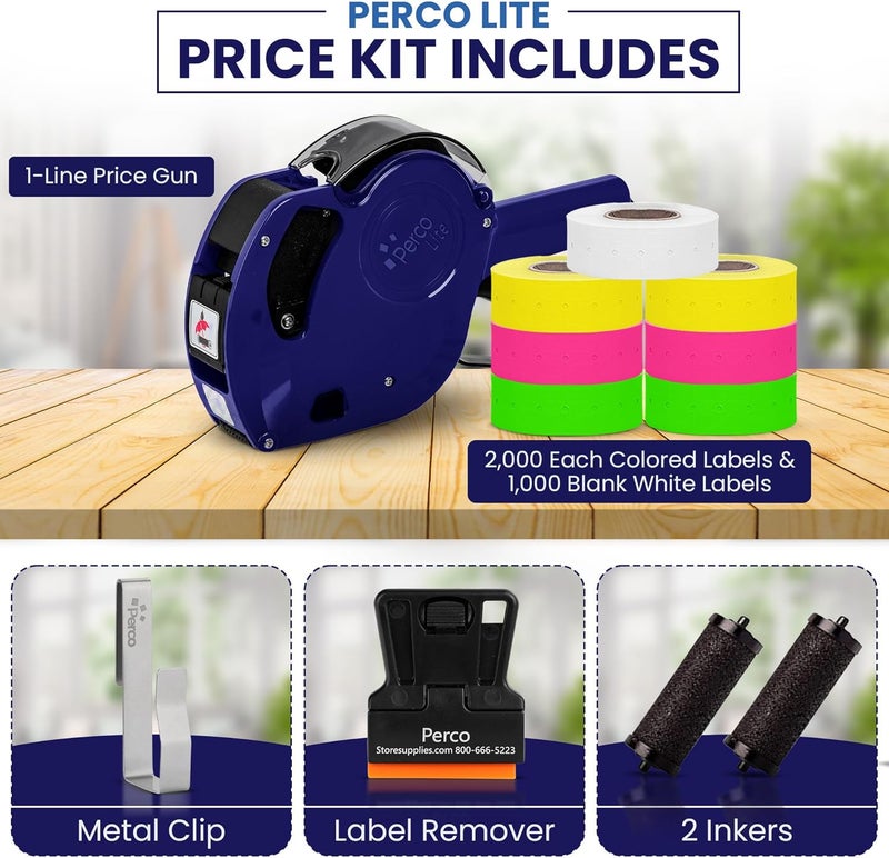 Perco Lite 1 Line Price Gun Kit - Includes 2 Rolls Each of Yellow, Fluorescent Green & Fluorescent Pink Labels, 1 Roll of White Labels (Preloaded), 1 Scraper, 2 Ink Rollers (1 Preloaded) & 1 Gun Clip - Image 2