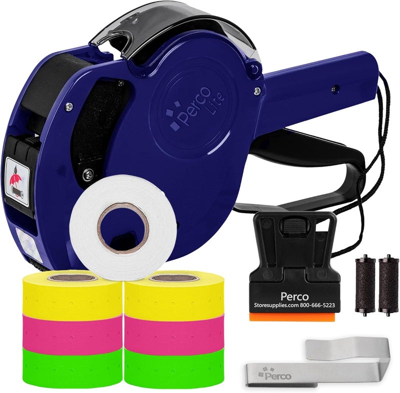 Perco Lite 1 Line Price Gun Kit - Includes 2 Rolls Each of Yellow, Fluorescent Green & Fluorescent Pink Labels, 1 Roll of White Labels (Preloaded), 1 Scraper, 2 Ink Rollers (1 Preloaded) & 1 Gun Clip - Image 1