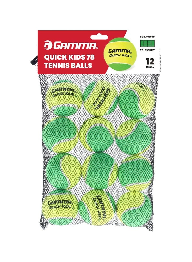 Gamma Quick Kids | Bag of 12 , 78' court Training Tennis Balls for Kids & Beginners, Low-Compression Core Reduces Speed & Bounce, Great for Tennis Practice, USTA & ITF Approved for 10 & Under Tournaments - Image 1
