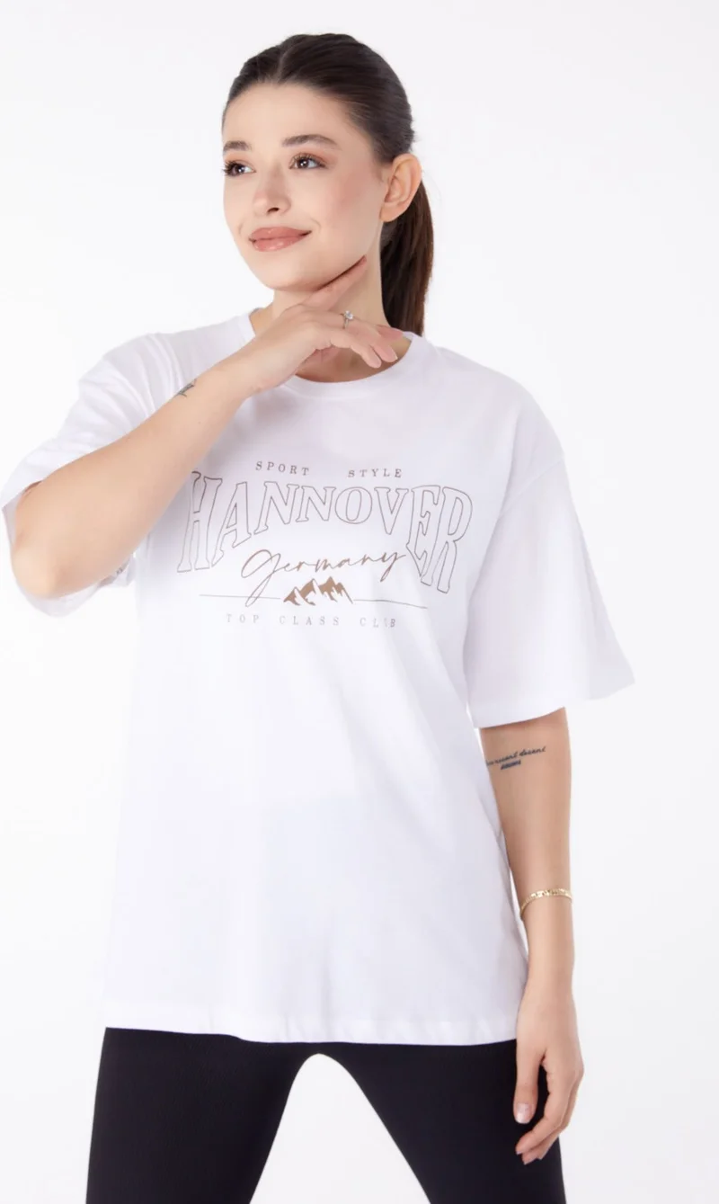 Tofisa Plain Crew Neck Women's Ecru Printed Short Sleeve T-Shirt - 25388