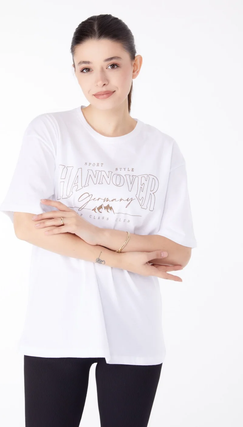 Tofisa Plain Crew Neck Women's Ecru Printed Short Sleeve T-Shirt - 25388