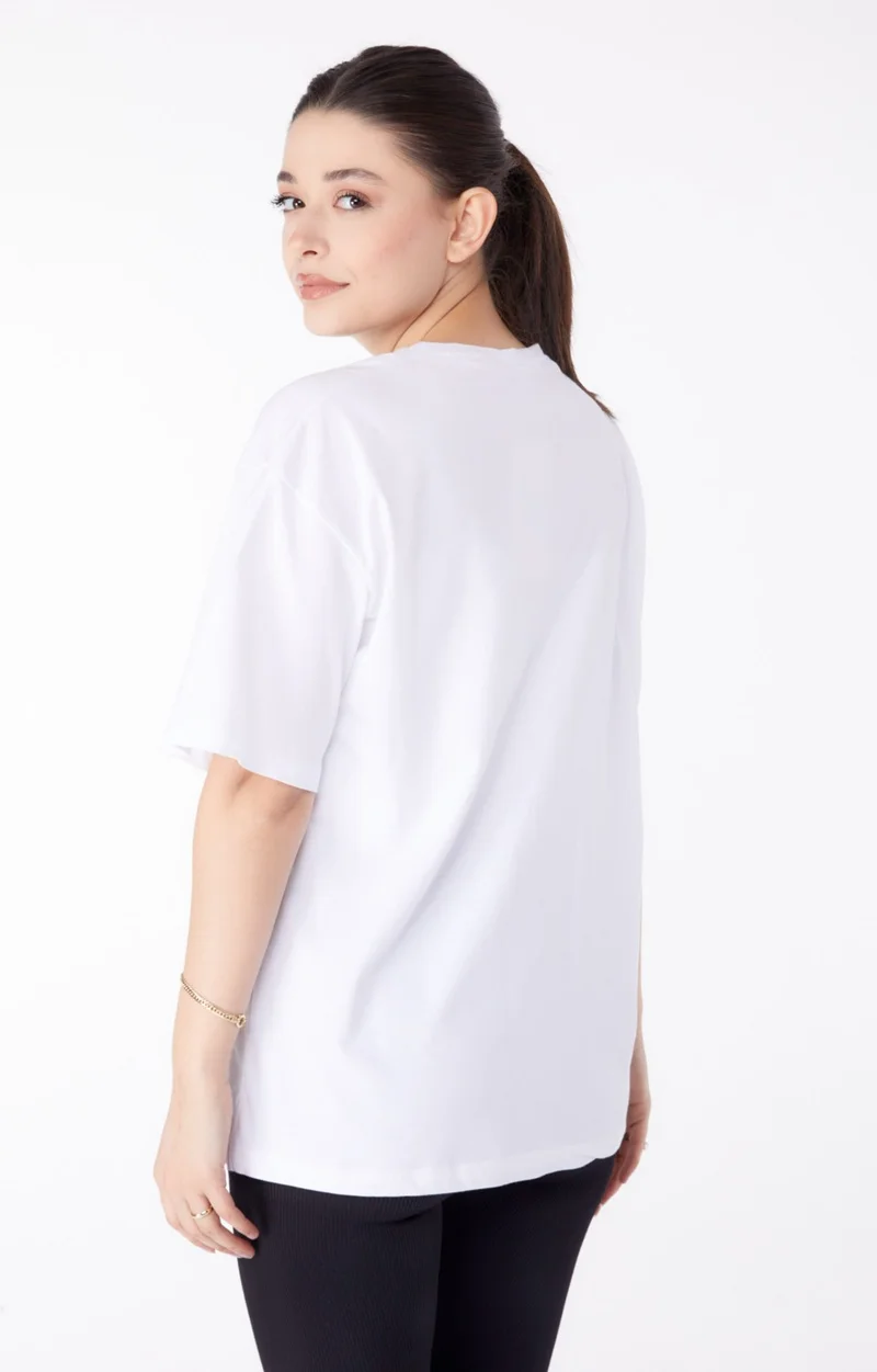 Tofisa Plain Crew Neck Women's Ecru Printed Short Sleeve T-Shirt - 25388
