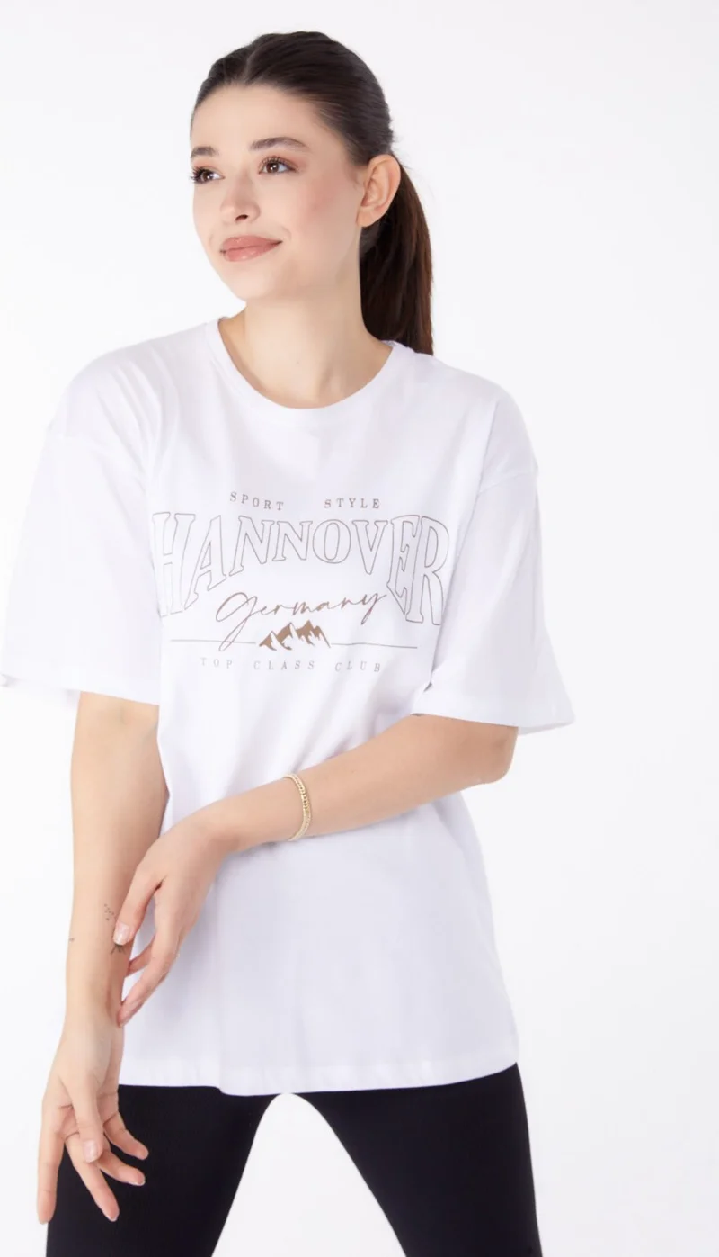 Tofisa Plain Crew Neck Women's Ecru Printed Short Sleeve T-Shirt - 25388