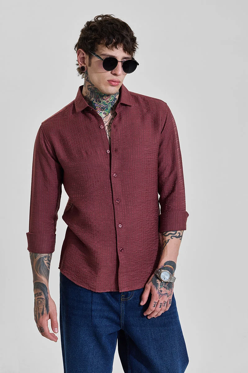 SNITCH Rich Burgundy Textured Long Sleeve Slim Fit Shirt