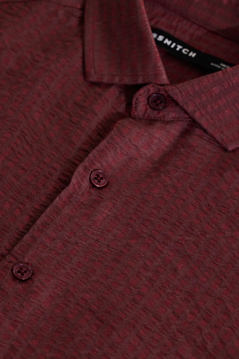 SNITCH Rich Burgundy Textured Long Sleeve Slim Fit Shirt