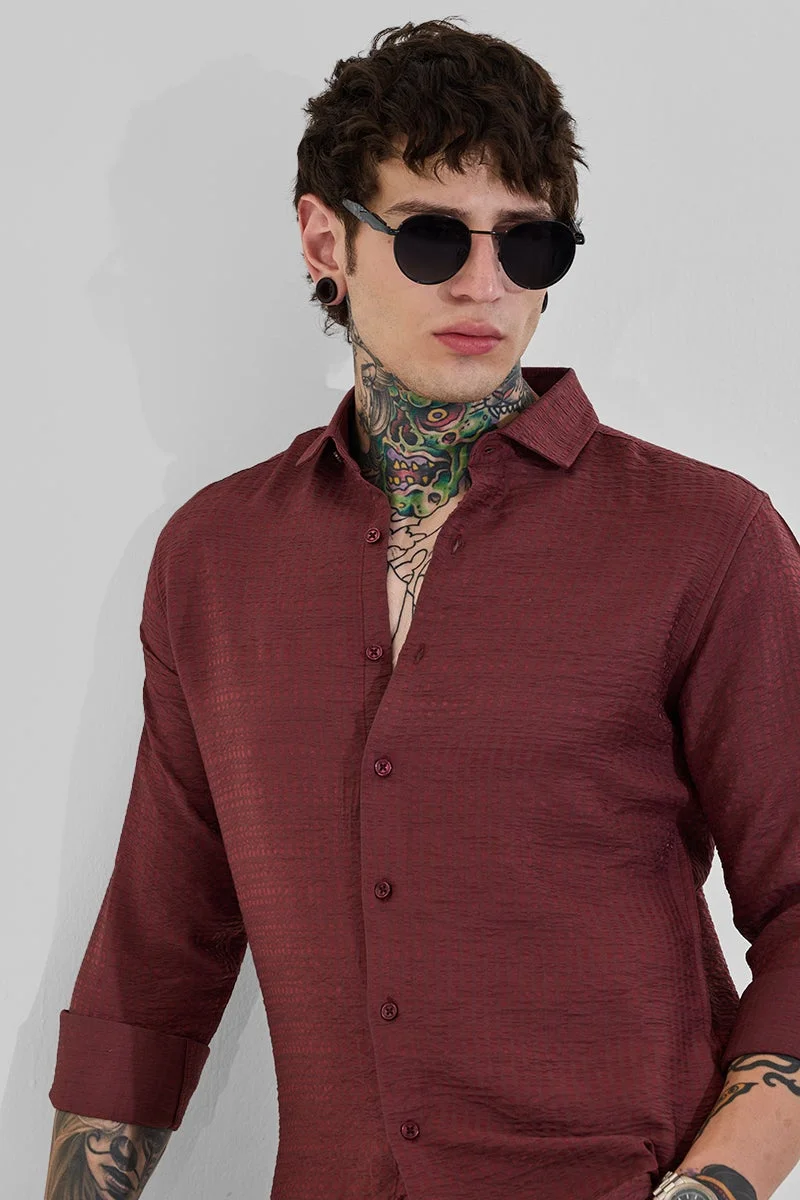 SNITCH Rich Burgundy Textured Long Sleeve Slim Fit Shirt