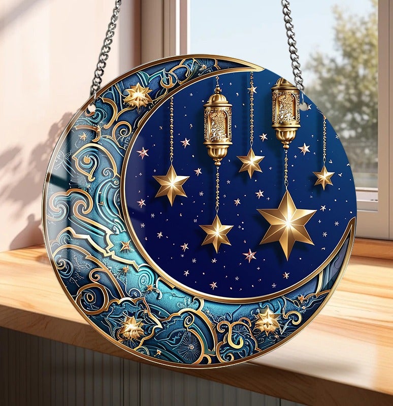 زينة نوافذ عتيقة من الصفيح على شكل نجوم وقمر، وزينة جدارية على شكل هلال لعيد الفطر، وزينة إسلامية رمضانية معلقة، وديكور سماوي لغرفة النوم وغرفة المعيشة، للاستخدام الداخلي والخارجي. - Image 1