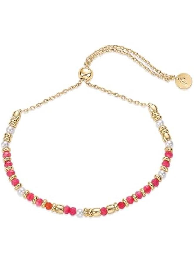 PAVOI 14K Yellow Gold Plated Beaded Enamel and Gemstones Bracelets for Women | Colored Boho Festival Adjustable Slider Bracelet | Freshwater Pearls Rose Jade ite Sodalite Labradorite Beads - Image 1