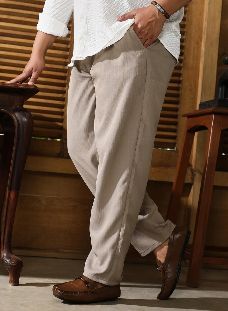 Instafab Plus  Instafab Plus Men's Oatmeal Beige Tailored Linen-Blend Trousers For Casual Wear | Mid-Rise | Regular Fit | Drawstring Closure | Plus Size Trousers Crafted With Comfort Fit For Everyday Wear for Men | Best Price UAE