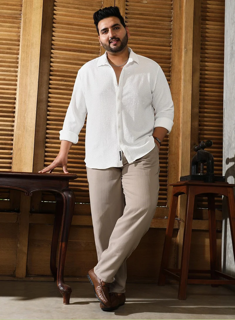 Instafab Plus  Instafab Plus Men's Oatmeal Beige Tailored Linen-Blend Trousers For Casual Wear | Mid-Rise | Regular Fit | Drawstring Closure | Plus Size Trousers Crafted With Comfort Fit For Everyday Wear for Men | Best Price UAE