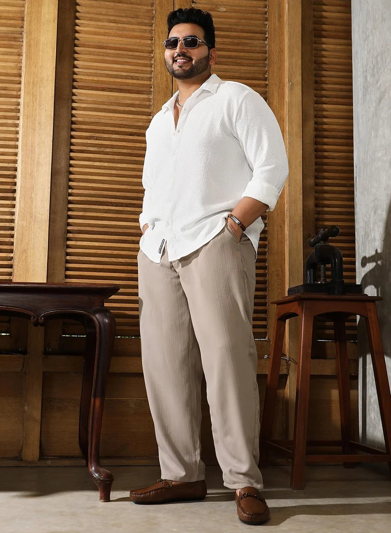 Instafab Plus  Instafab Plus Men's Oatmeal Beige Tailored Linen-Blend Trousers For Casual Wear | Mid-Rise | Regular Fit | Drawstring Closure | Plus Size Trousers Crafted With Comfort Fit For Everyday Wear for Men | Best Price UAE