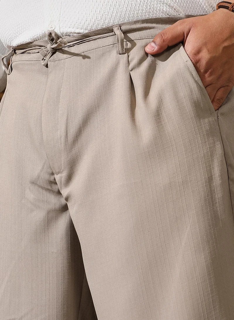 Instafab Plus  Instafab Plus Men's Oatmeal Beige Tailored Linen-Blend Trousers For Casual Wear | Mid-Rise | Regular Fit | Drawstring Closure | Plus Size Trousers Crafted With Comfort Fit For Everyday Wear for Men | Best Price UAE