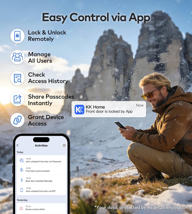 TEEHO TE012W-K WiFi Smart Keyless Entry Door Lock with Handle, Fingerprint Door Knob & Digital Keypad, APP Remote Control, Works with Alexa & Google, Electronic Deadbolt for Front Door, Matte Black - Image 3