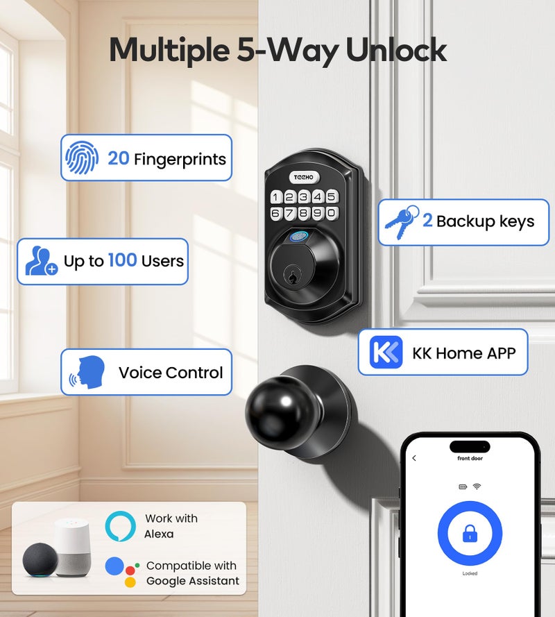 TEEHO TE012W-K WiFi Smart Keyless Entry Door Lock with Handle, Fingerprint Door Knob & Digital Keypad, APP Remote Control, Works with Alexa & Google, Electronic Deadbolt for Front Door, Matte Black - Image 4