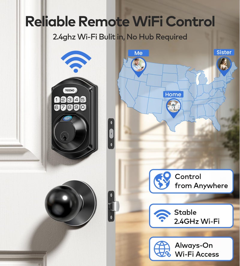 TEEHO TE012W-K WiFi Smart Keyless Entry Door Lock with Handle, Fingerprint Door Knob & Digital Keypad, APP Remote Control, Works with Alexa & Google, Electronic Deadbolt for Front Door, Matte Black - Image 2