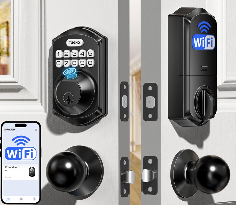 TEEHO TE012W-K WiFi Smart Keyless Entry Door Lock with Handle, Fingerprint Door Knob & Digital Keypad, APP Remote Control, Works with Alexa & Google, Electronic Deadbolt for Front Door, Matte Black - Image 1