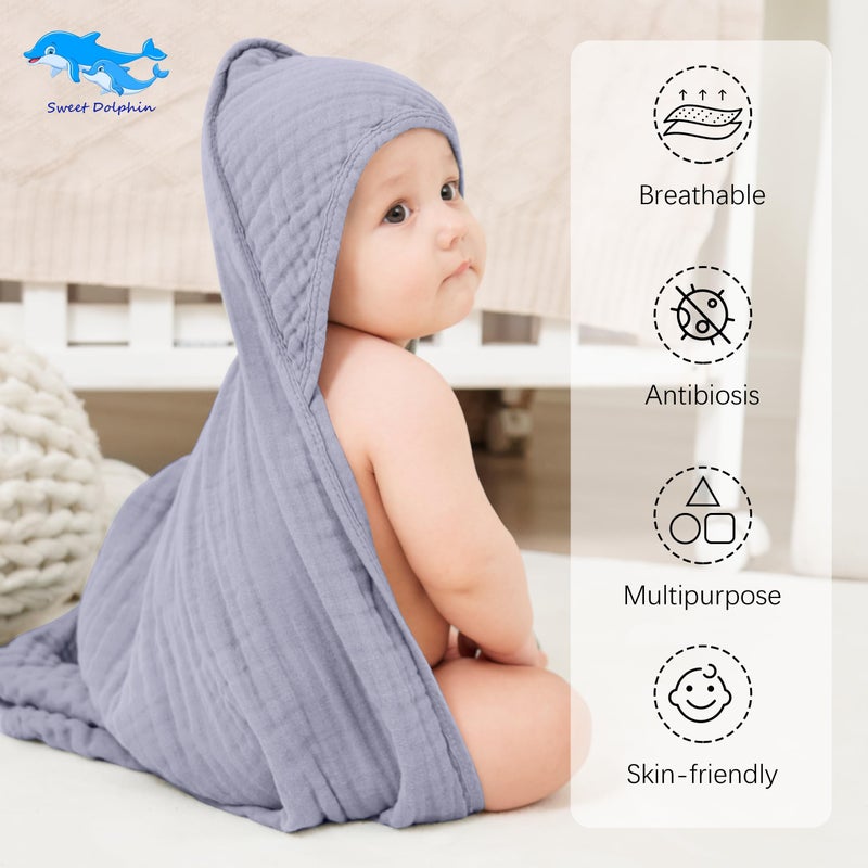 SWEET DOLPHIN Muslin Hooded Baby Bath Towels - 2 Pack 100% Cotton Towel for Babies, Infants, Toddlers - 32x32Inch - Highly Absorbent and Newborn Essential, Grey - Image 2