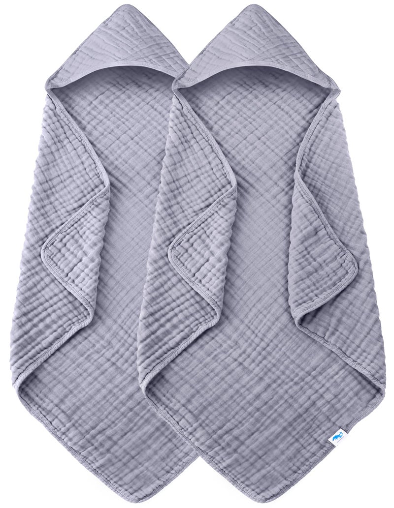 SWEET DOLPHIN Muslin Hooded Baby Bath Towels - 2 Pack 100% Cotton Towel for Babies, Infants, Toddlers - 32x32Inch - Highly Absorbent and Newborn Essential, Grey - Image 1