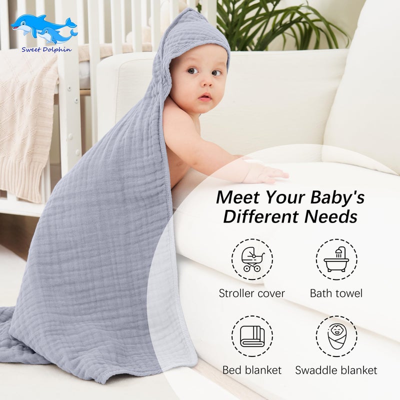SWEET DOLPHIN Muslin Hooded Baby Bath Towels - 2 Pack 100% Cotton Towel for Babies, Infants, Toddlers - 32x32Inch - Highly Absorbent and Newborn Essential, Grey - Image 5