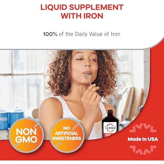 Geritol Liquid Vitamin and Iron Supplement, Energy Support, Contains High Potency B-Vitamins and Iron, Pleasant Tasting, Easy to Swallow, No Artificial Sweeteners, Non-GMO, 12 Oz - Image 4