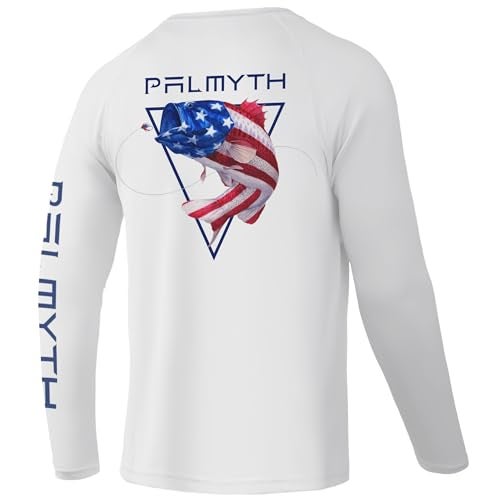 Palmyth Fishing Shirts for Men Long Sleeve UPF 50 T Shirt Sun Protection Tee WhiteLargemouth Bass L - Image 1