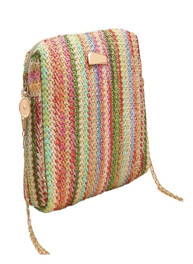 Caistre Women’s Straw Tote Bag Rainbow Striped Casual Beach Shoulder Bag Summer Vacation Straw Crossbody Bag Purse 2025 - Image 1