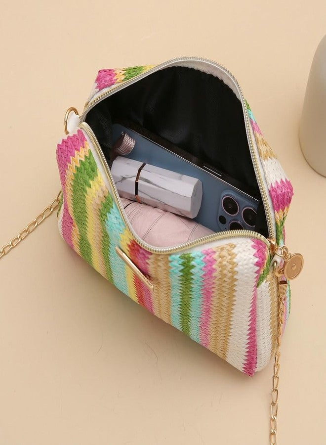 Caistre Women’s Straw Tote Bag Rainbow Striped Casual Beach Shoulder Bag Summer Vacation Straw Crossbody Bag Purse 2025 - Image 2