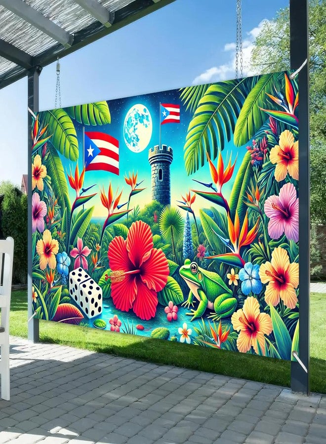 BlissYard Puerto Rico Flag Taino Coqui Backdrop 71x43 Inch Tropical Hibiscus Banner with El Yunque Tower Moon Frog Dice for Boricua Festival Party Caribbean Heritage Wall Decoration Indoor Outdoor - Image 2