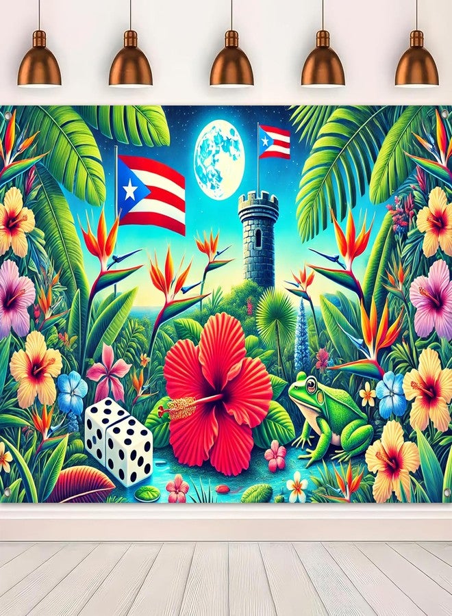 BlissYard Puerto Rico Flag Taino Coqui Backdrop 71x43 Inch Tropical Hibiscus Banner with El Yunque Tower Moon Frog Dice for Boricua Festival Party Caribbean Heritage Wall Decoration Indoor Outdoor - Image 5