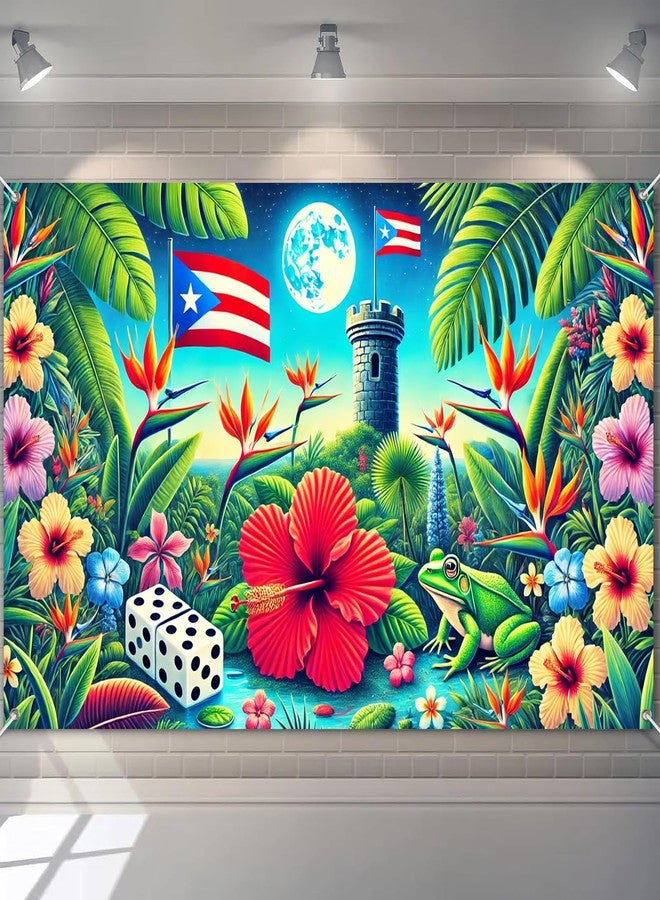 BlissYard Puerto Rico Flag Taino Coqui Backdrop 71x43 Inch Tropical Hibiscus Banner with El Yunque Tower Moon Frog Dice for Boricua Festival Party Caribbean Heritage Wall Decoration Indoor Outdoor - Image 1
