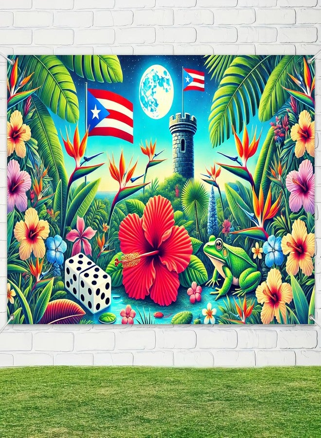 BlissYard Puerto Rico Flag Taino Coqui Backdrop 71x43 Inch Tropical Hibiscus Banner with El Yunque Tower Moon Frog Dice for Boricua Festival Party Caribbean Heritage Wall Decoration Indoor Outdoor - Image 4
