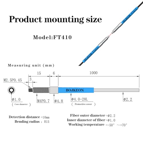 BOJKEON FT410 Fiber Optic Sensor,Through-Beam Reflection Fiber Optic,1m Line Length,M4 Sensor Probe Through-Beam Reflection Optical Sensor - Image 2