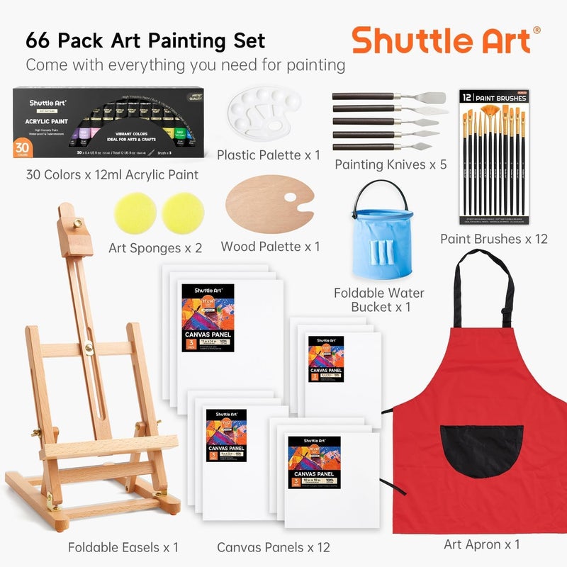 Shuttle Art 66 Pack Acrylic Paint Set, Shuttle Art Acrylic Painting Set with 30 Colors Acrylic Paint, Wooden Easel, Painting Canvas, Paint Brushes, Palettes, Art Painting Supplies for Kids Adults Beginner Artists - Image 2