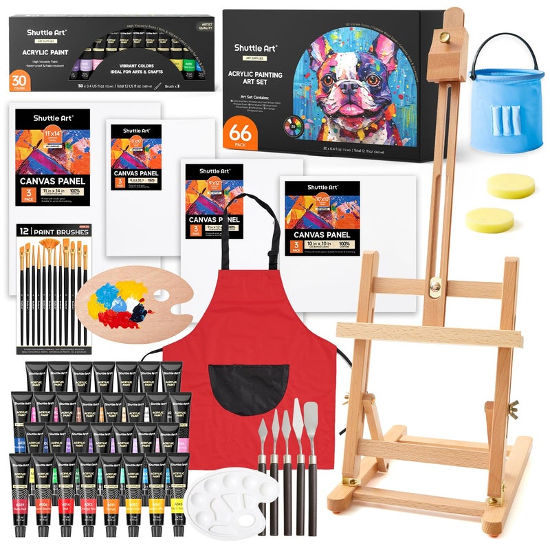 Shuttle Art 66 Pack Acrylic Paint Set, Shuttle Art Acrylic Painting Set with 30 Colors Acrylic Paint, Wooden Easel, Painting Canvas, Paint Brushes, Palettes, Art Painting Supplies for Kids Adults Beginner Artists - Image 1