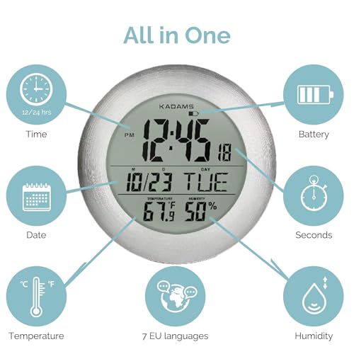 KADAMS Bathroom Shower Digital Wall Clock 9.5'' Kitchen Clock Calendar Water Resistant - Large LCD Screen - Temperature & Humidity Display - Multiple Mounting Options (Silver) - Image 3