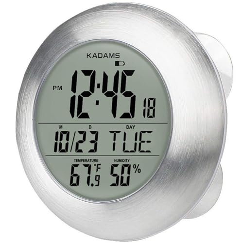KADAMS Bathroom Shower Digital Wall Clock 9.5'' Kitchen Clock Calendar Water Resistant - Large LCD Screen - Temperature & Humidity Display - Multiple Mounting Options (Silver) - Image 1