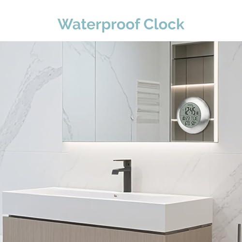 KADAMS Bathroom Shower Digital Wall Clock 9.5'' Kitchen Clock Calendar Water Resistant - Large LCD Screen - Temperature & Humidity Display - Multiple Mounting Options (Silver) - Image 2