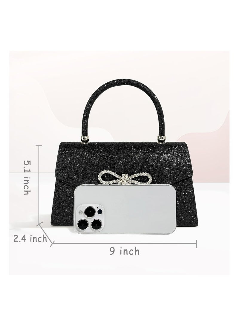 Womens Evening Bag Sparkly Bow Clutch Purse Wedding Party Purses Glitter Rhinestone Prom Handbags Sparkling Powder Banquet Chain Crossbody Black