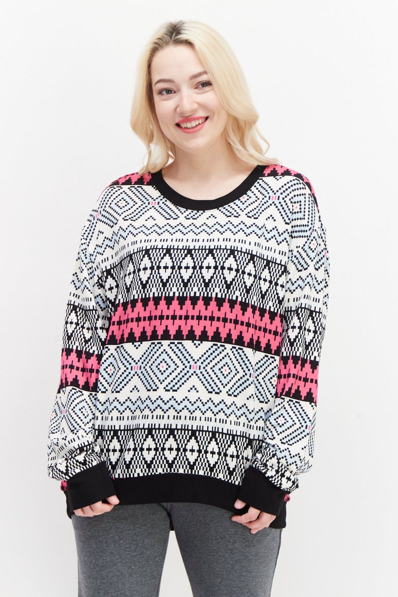 Andrew Marc Women Crew Neck Long Sleeve Aztec Pattern Sweatshirt, Off White - Image 1