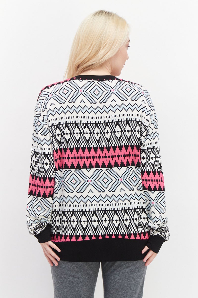 Andrew Marc Women Crew Neck Long Sleeve Aztec Pattern Sweatshirt, Off White - Image 3