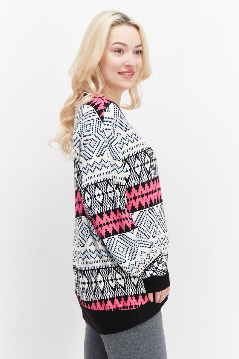 Andrew Marc Women Crew Neck Long Sleeve Aztec Pattern Sweatshirt, Off White - Image 2