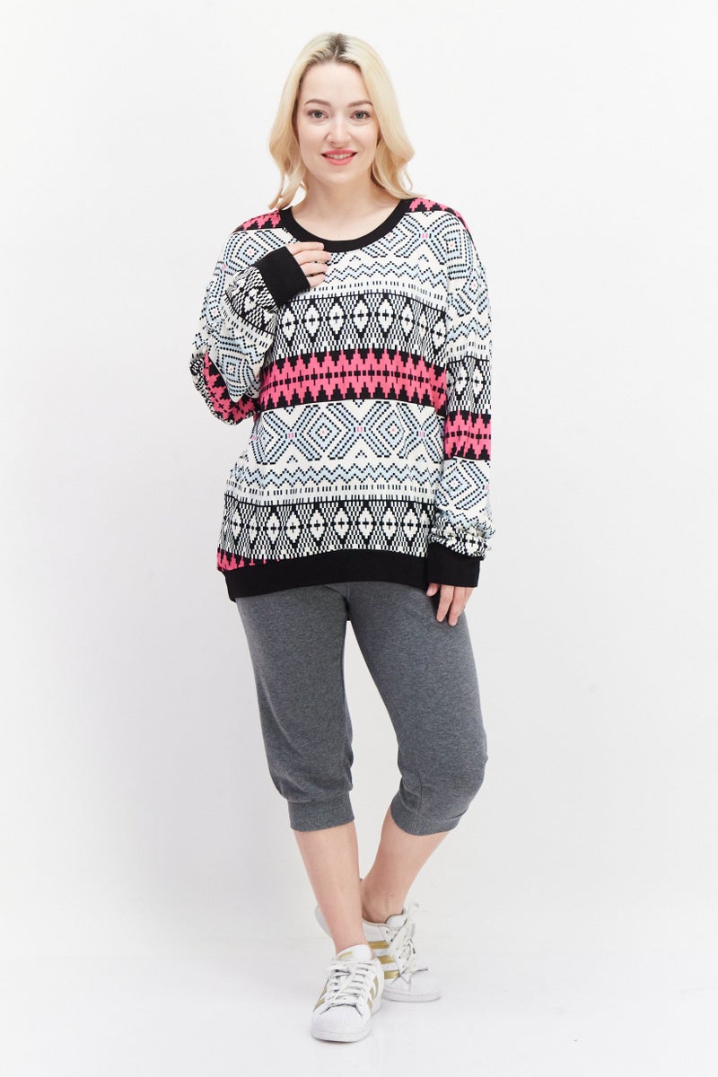 Andrew Marc Women Crew Neck Long Sleeve Aztec Pattern Sweatshirt, Off White - Image 4
