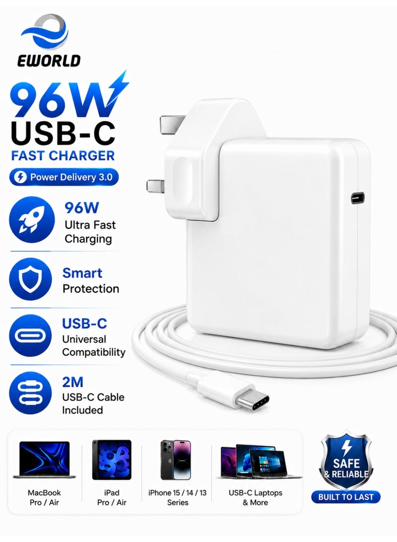 إي وورلد شاحن USB-C بقوة 96 واط للماك بوك برو/إير، محول طاقة مع كابل Type-C، متوافق مع أجهزة اللابتوب بحجم 13 إلى 16 إنش (موديلات 2016–2020)، والأجهزة اللوحية والهواتف الذكية، يدعم Thunderbolt وشحن آيفون 15 - Image 1