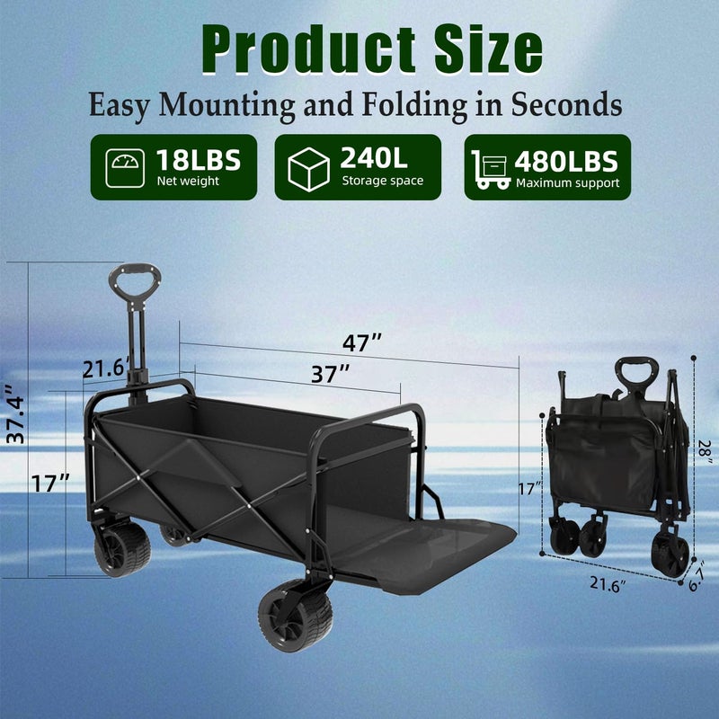 Joxir Collapsible Wagon Cart Foldable with Tailgate, 240L 480lbs Capacity, Heavy Duty Beach Wagon with Wheels Brake, Shopping Carts for Grocery, Camping, Garden Cart - Image 2
