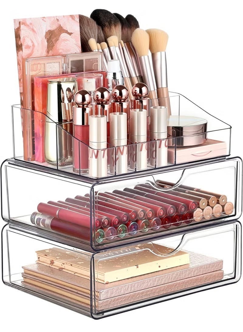 Arabest 3 Tier Clear Makeup Organizer with Drawer, Cosmetic Storage for Dresser Countertop and Bathroom Vanity, Beauty Holder for Lipstick Brush Skincare - Image 1